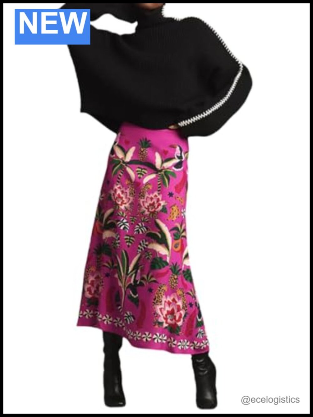 THLAI Women's Midi A-Line Skirt Zipper High Waist Tropical Print Floral Satin